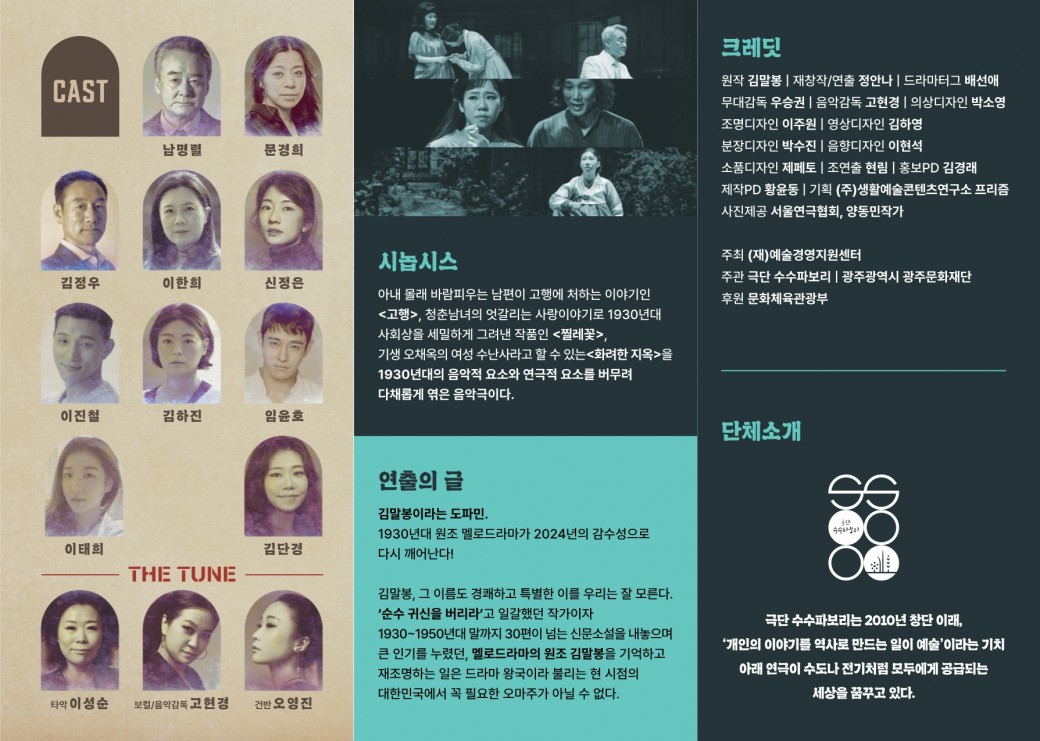 CAST남명렬, 문경희, 김정우, 이한희, 신정은, 이진철, 김하진, 임윤호, 이태희, 김단경THE TUNE 타악 이성순 보컬/음악감독 고현경 건반 오영진SYNOPSIS아내 몰래 바람피우는 남편이 고행에 처하는 이야기인 &lt;고행&gt;청춘 남여의 엇갈리는 사랑이야기로1930년대 사회상을 세밀하게 그려낸 작품인 &lt;찔레꽃&gt;기생 오채옥의 여성 수난사라고 할 수 있는 &lt;화려한 지옥&gt;을 1930년대의 음악적 요소과 연극적 요소를 버무려 다채롭게 엮은 음악극이다.연출의 글김말봉이라는 도파민.1930년대 원조 멜로드라마가 2024년의 감수성으로 다시 깨어난다.김말봉, 그 이름도 경쾌하고 특별한 이를 우리는 잘 모른다.'순수 귀신을 버리다'고 일각했던 작가이자1930년 ~ 1950년대 말까지 30편이 넘는 신문소설을 내놓으며 큰 인기를 누렸던,이른바 '대중문학의 원조'인 김말봉이 우리 문학계에서 희미해진 이유는그가 '여류' 작가였고 그의 소설이 '통속소설'로 폄하되었기 때문일 것이다.그러므로 멜로드라마의 원조, 스타작가 김말봉을 기억하고 재조명하는 일은드라마 왕국이라 불리는 현 시점의 대한민국에서 꼭 필요한 오마주가 아닐 수 없다.'순수귀신을 버리라!' 일각하던 대중문화 작가 김말봉1930년 ~ 1950년대 말까지 30편이 넘는 신문소설을 내놓으며큰 인기를 누렸던 김말봉이 이처럼 희미해진 이유는그가 '여류'작가였고,그가 쓴 소설이 '통속소설'로 폄하되었기 때문이 아닐까요?CREDIT원작 : 김말봉재창작/연출 : 정안나드라마터그 : 배선애무대감독 : 우승권음악감독 : 고현경의상디자인 : 박소영조명디자인 : 이주원영상디자인 : 김하영분장디자인 : 박수진음향디자인 : 이현석소품디자인 : 제페토조연출 : 현림홍보PD : 김경래제작PD : 황윤동기획 : (주)생활예술콘텐츠연구소 프리즘사진제공 : 서울연극협회, 양동민 작가주최 : (재)예술경영지원센터주관 : 극단 수수파보리, 광주광역시 광주문화재단, 인천광역시 서구문화재단, 의정부문화재단후원 : 문화체육관광부&nbsp;단체소개극단수수파보리는 2010년 창단 이래, '개인의 이야기를 역사로 만드는 일이 예술'이라는 기치 아래 연국이 수도나 전기처럼 모두에게 공급되는 세상을 꿈꾸고 있다.&nbsp;