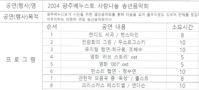 ㅇ 공 연 명 : 2024 광주베누스토 사랑나눔 송년음악회ㅇ 프로그램&nbsp;